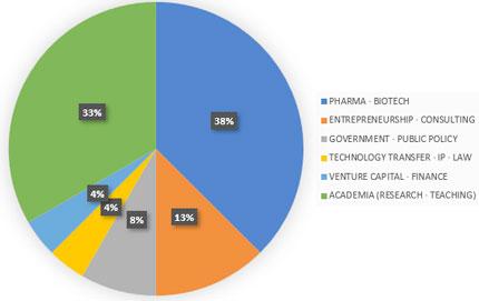 Pie chart showing the percentage of former students in different employment sectors